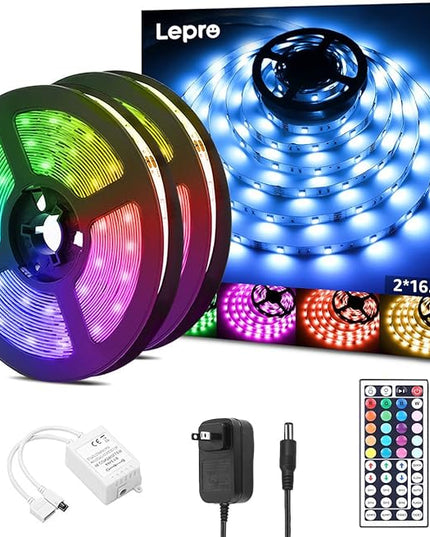 Lepro RGB LED Light Strips 32.8ft, Christmas Decorations, 5050 LED Color Changing Tape Light with 44 Key Remote and 12V Power Supply for Bedroom, TV Backlight, Kitchen, Bar Lepro