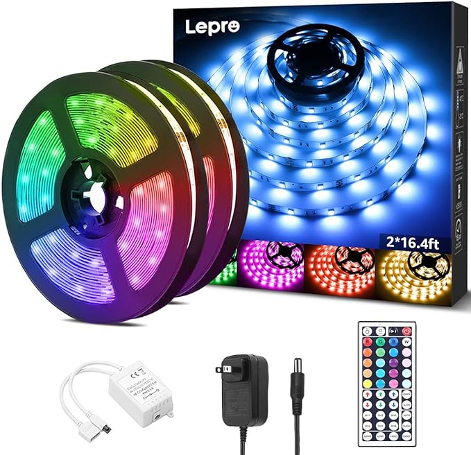 Lepro RGB LED Light Strips 32.8ft, Christmas Decorations, 5050 LED Color Changing Tape Light with 44 Key Remote and 12V Power Supply for Bedroom, TV Backlight, Kitchen, Bar Lepro