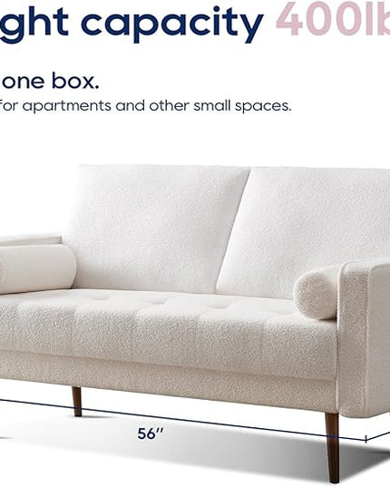 Vonanda 56" Loveseat Small Couch, Mid-Century 2 Seater Sofa velvet boucle Couch with Hand-Stitched Comfort Cushion and Bolster Pillows for Living Room, Loveseat Boucle White - LeafyLoom