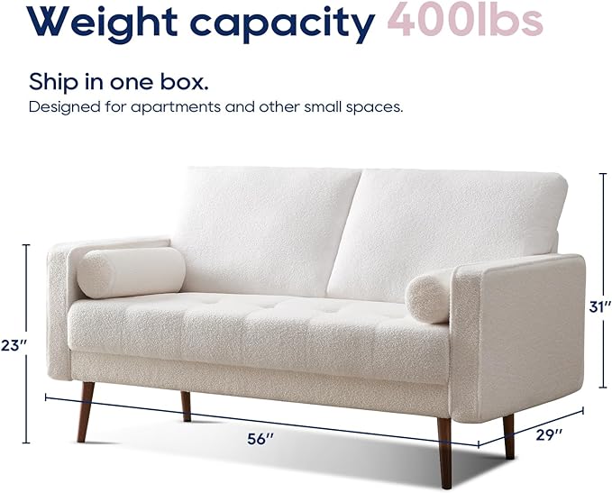 Vonanda 56" Loveseat Small Couch, Mid-Century 2 Seater Sofa velvet boucle Couch with Hand-Stitched Comfort Cushion and Bolster Pillows for Living Room, Loveseat Boucle White - LeafyLoom