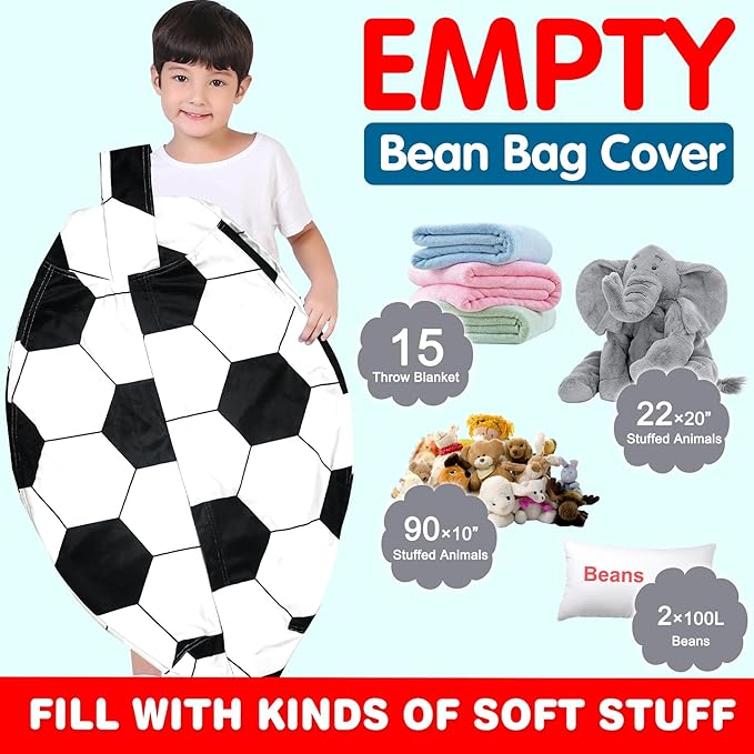 Lukeight Stuffed Animal Storage Bean Bag Chair Cover for Kids, Soccer Zipper Beanbag Chair Cover for Organizing Toddler & Kids' Rooms Plush Toys (Soccer Velvet, X-Large) - LeafyLoom