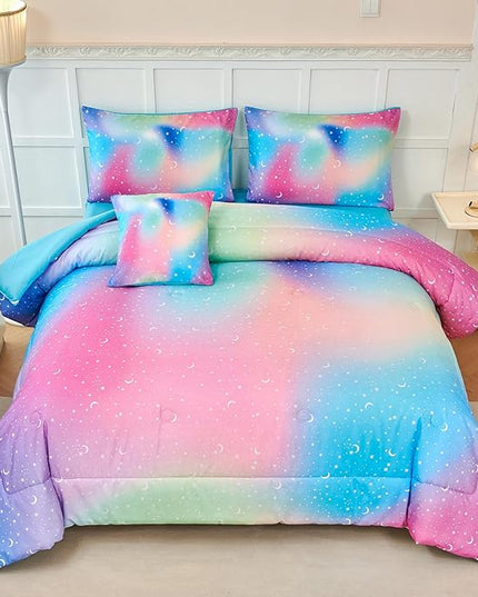 URBONUR Kids Bedding Set Twin Size 6 Pieces Comforter & Sheet Set Colorful Rainbow Tie Dye Stars Printed Girls Bedding Set Ultra Soft Bed Sets - LeafyLoom