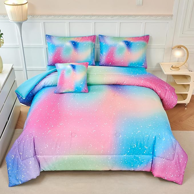 URBONUR Queen Size Comforter Set, Rainbow Stars Queen Bedding Set for Teen Girls Women, 6 Pieces Comforter, Flat Sheet, Fitted Sheet & Pillowcases - LeafyLoom
