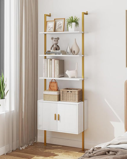 Yusong 73" Tall Bookshelf with Cabinet, Industrial Ladder Wall Mount Shelf Bookcase with Wood and Metal Frame, Plant Shelf Wall Storage Display for Living Room Bedroom, White Gold - LeafyLoom