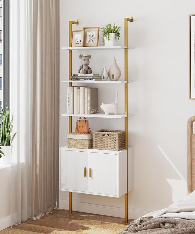 Yusong 73" Tall Bookshelf with Cabinet, Industrial Ladder Wall Mount Shelf Bookcase with Wood and Metal Frame, Plant Shelf Wall Storage Display for Living Room Bedroom, White Gold - LeafyLoom