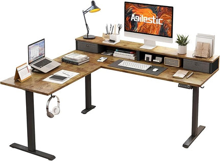 L shaped Electric Standing Desk with 2 Drawers, 63 Inch Ergonomic Adjustable Height Desk with Storage, Corner Desk Sit Stand up Computer Table for Work Office Home, Rustic Brown - LeafyLoom