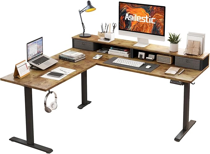 L shaped Electric Standing Desk with 2 Drawers, 63 Inch Ergonomic Adjustable Height Desk with Storage, Corner Desk Sit Stand up Computer Table for Work Office Home, Rustic Brown - LeafyLoom