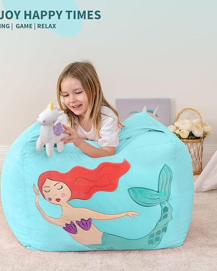 Aubliss Unicorn Stuffed Animal Storage Bean Bag Chair for Kids, Velvet Extra Soft Beanbag Chairs Cover, X-Large Stuffable Zipper Bean Bag for Organizing Plush Toys Girls Bedroom Decor,Cyan - LeafyLoom