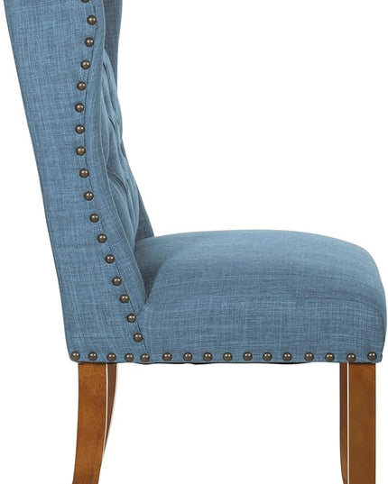 OSP Home Furnishings Jessica Button Tufted Wingback Upholstered Dining Chair with Wood Legs, Navy Blue Fabric - LeafyLoom