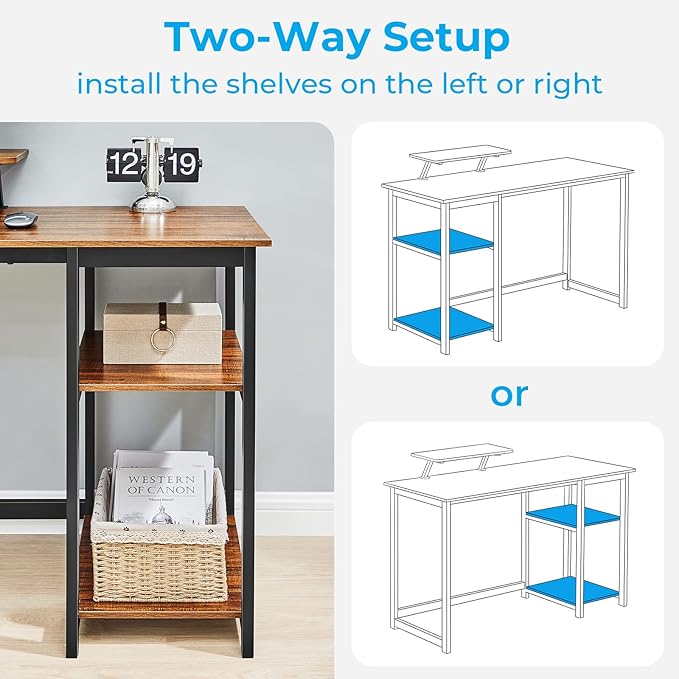 GreenForest Computer Desk with Monitor Stand,47 inch Home Office Desk with Reversible Storage Shelves Modern Writing Study Work Table,Easy Assembly,Walnut - LeafyLoom
