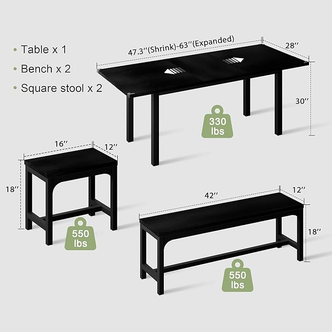 Feonase 5-Piece Dining Table Set for 4-8 People, 63" Large Extendable Kitchen Table Set with 2 Benches and 2 Square Stools, Dining Room Table with MDF Wood Board, Easy Assembly, Black - LeafyLoom