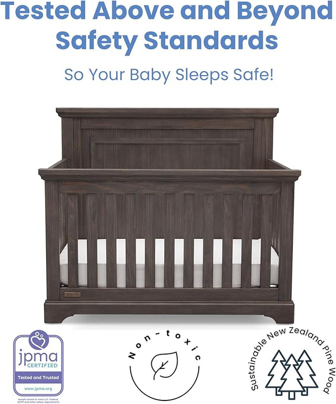 Simmons Kids SlumberTime Paloma 4-in-1 Convertible Crib, Rustic Grey + Serta Perfect Slumber Dual Sided Recycled Fiber Core Crib and Toddler Mattress (Bundle) - LeafyLoom