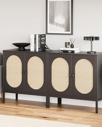 GAOMON Sideboard Buffet Cabinet, Rattan Storage Cabinet, Wood Accent Cabinet with Door and Shelf, Console Cabinet with Storage, Sideboard Cabinet for Hallway, Entryway, Living Room (Black) - LeafyLoom