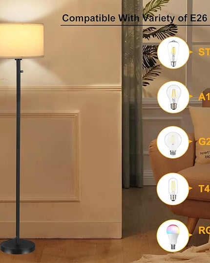 Floor Lamps for Living Room, Stepless Dimmable Standing Lamp, Modern Floor Lamp with Rotary Switch, White Linen Shade, 9W Led Bulb Included(1000LM,2700K), Tall Lamp for Bedroom, Office, Farmhouse - LeafyLoom