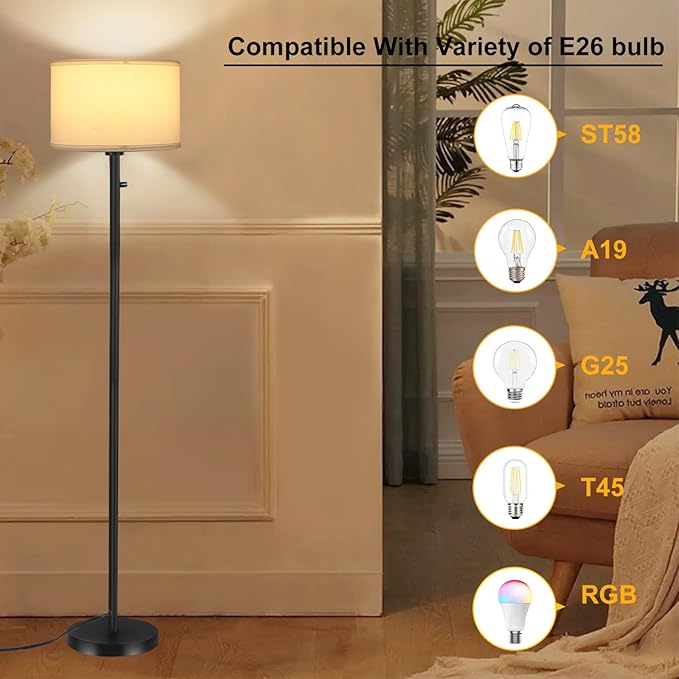 Floor Lamps for Living Room, Stepless Dimmable Standing Lamp, Modern Floor Lamp with Rotary Switch, White Linen Shade, 9W Led Bulb Included(1000LM,2700K), Tall Lamp for Bedroom, Office, Farmhouse - LeafyLoom