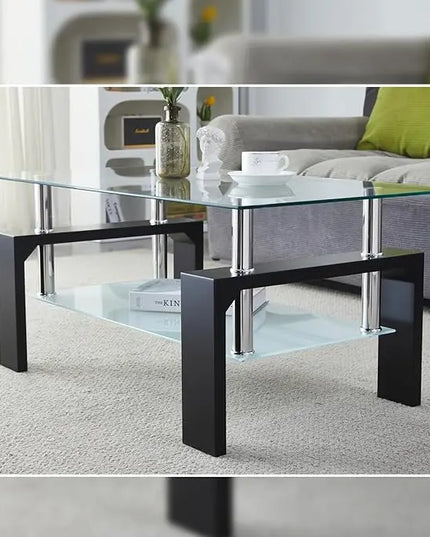 Coffee Table - Rectangle Glass Coffee Table with Simple and Classical Inspired Design, Easy Assembly for Modern Living, 39.5 * 23.5 * 17.5 inches (Black) - LeafyLoom
