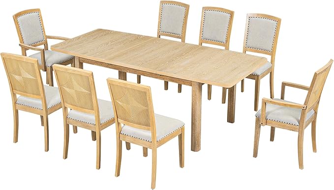 Rustic 9-Piece Wood Dining Set for 8 People, 84" Extendable Rectangular Kitchen Table with Removable Leaf and 8 Upholstered Chairs, Natural, 1 - LeafyLoom