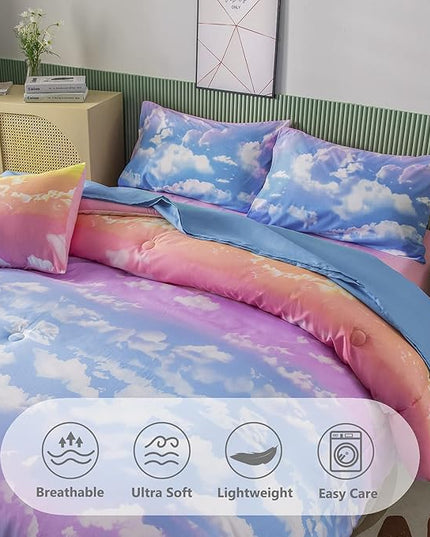 PERFEMET White Cloud Print Girls Comforter Set Queen Size 6 Pieces Teen Girl Tie Dye Bedding Set Colorful Rainbow Bed in A Bag Comforter Set with Sheets - LeafyLoom