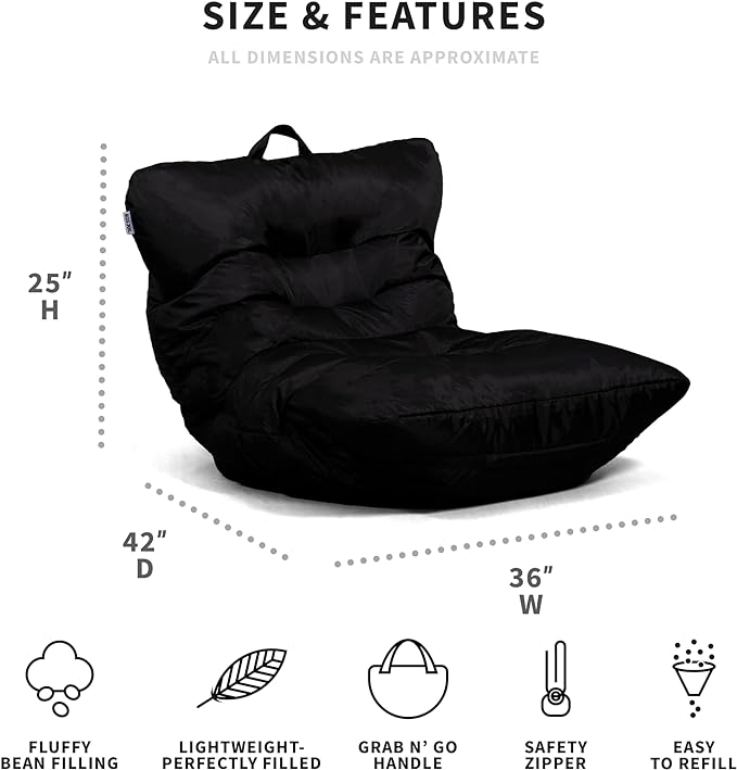 Big Joe Roma Bean Bag Chair, Black Smartmax, Durable Polyester Nylon Blend, 3 feet - LeafyLoom