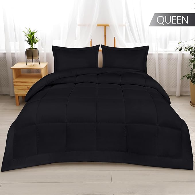 Utopia Bedding Queen Size Comforter Set with 2 Pillow Shams, Bedding Comforter Sets, Down Alternative Black Comforter, Soft and Comfortable, Machine Washable - LeafyLoom