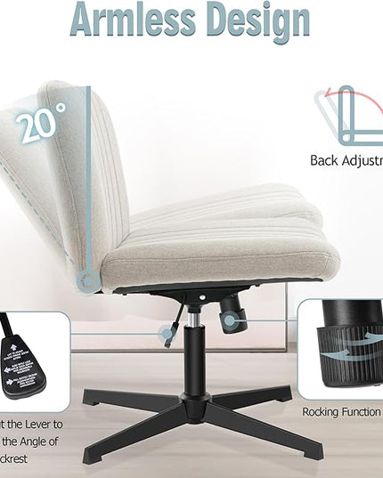 Armless Office Chair no Wheels, Ergonomic Wide Seat Swivel Desk Chair, Height Adjustable Cross Legged Comfortable Computer Chair for Living Room, Vanity Accent Chair Beige - LeafyLoom