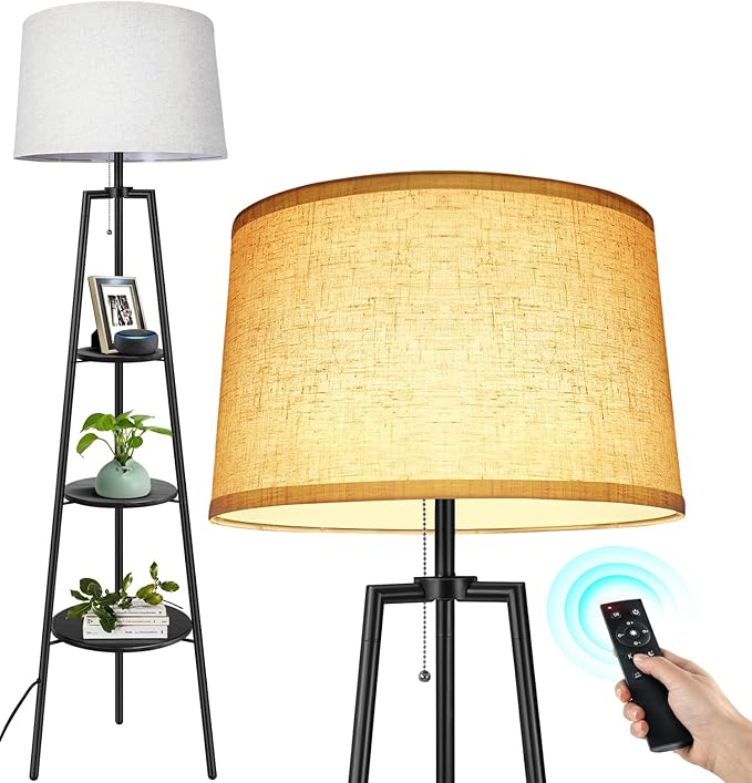OUTON Tripod Floor Lamp with Shelves, Modern Shelf Floor Lamp with Remote, 4 Color Temperature, Dimmable Tall Standing Corner Lamp with Beige Linen Texture Shade for Living Room, Bedroom, Office - LeafyLoom