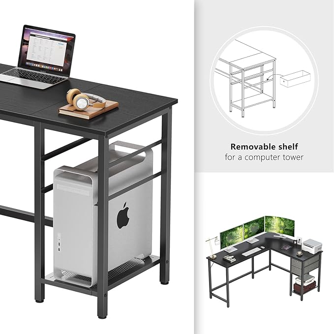 BANTI L-Shaped Computer Desk, Home Office Corner Desk with Non-Woven Drawer, Sturdy Writing Table, Space-Saving,Black - LeafyLoom