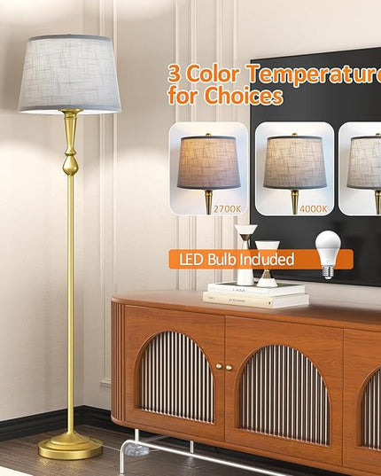 Gold Floor Lamp for Living Room with 3 Color Temperatures, Elegant Vintage Standing Lamp with Grey Linen Lampshade, Modern Floor Lamp for Bedroom, Office, 9W LED Bulb Included, Foot Switch - LeafyLoom