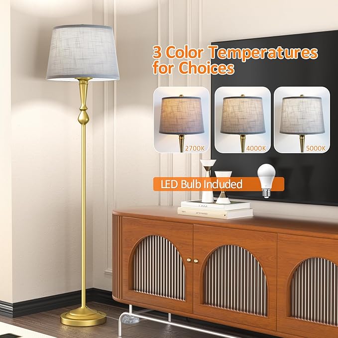 Gold Floor Lamp for Living Room with 3 Color Temperatures, Elegant Vintage Standing Lamp with Grey Linen Lampshade, Modern Floor Lamp for Bedroom, Office, 9W LED Bulb Included, Foot Switch - LeafyLoom