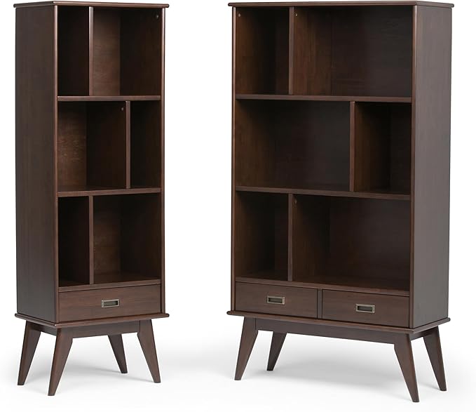SIMPLIHOME Draper SOLID HARDWOOD 22 Inch Mid Century Modern Bookcase and Storage Unit in Medium Auburn Brown, For the Living Room, Study Room and Office - LeafyLoom
