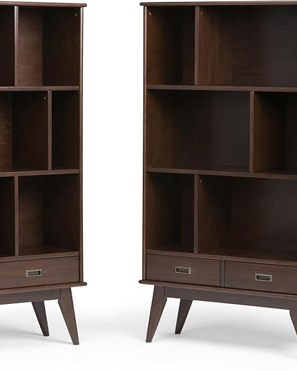 SIMPLIHOME Draper SOLID HARDWOOD 35 Inch Mid Century Modern Wide Bookcase and Storage Unit in Medium Auburn Brown, For the Living Room, Study Room and Office - LeafyLoom