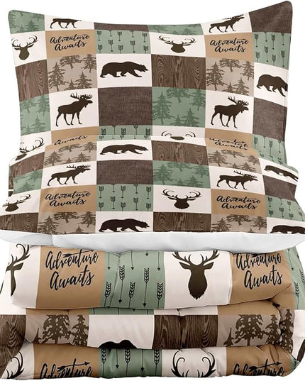LUVIVIHOME 3PCS Rustic Lodge Comforter Set, Brown Sage Green King Size Comforter, Bear Deer Elk Moose Woodland Forest Animal Wildlife Country Farmhouse Cabin Bedding Patchwork Quilt, 2 Pillow Shams - LeafyLoom