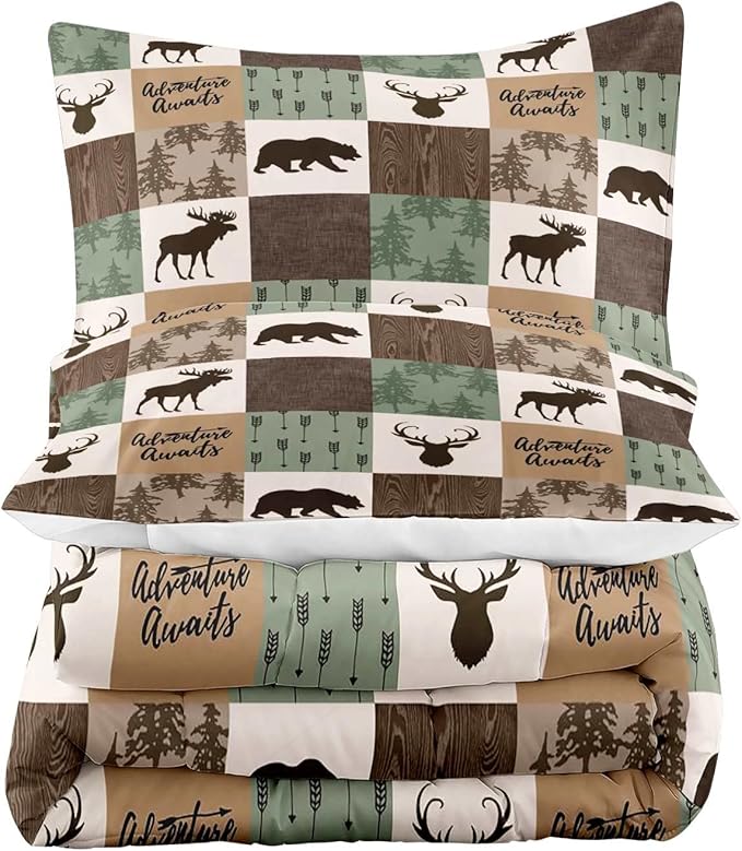 LUVIVIHOME 3PCS Rustic Cabin Comforter Set, Brown Sage Green Queen Comforter, Bear Deer Elk Moose Woodland Forest Animal Wildlife Country Farmhouse Lodge Bedding Sets Patchwork Quilt, 2 Pillow Shams - LeafyLoom