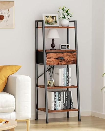 Furologee 4 Tier Ladder Shelf, Narrow Ladder Book Shelf with Drawer, Modern Bookcase Freestanding Shelf Units, Storage Shelves Organizer for Bedroom, Living Room, Bathroom, Home Office, Rustic Brown - LeafyLoom