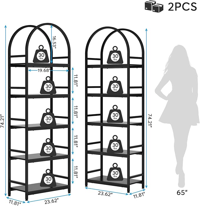 Tribesigns 5-Tier Open Bookshelf Set of 2, 74.4" Wood Bookcase Storage Shelves with Metal Frame, Freestanding Display Rack Tall Shelving Unit for Office, Bedroom, Living Room (Black, 2PCS) - LeafyLoom