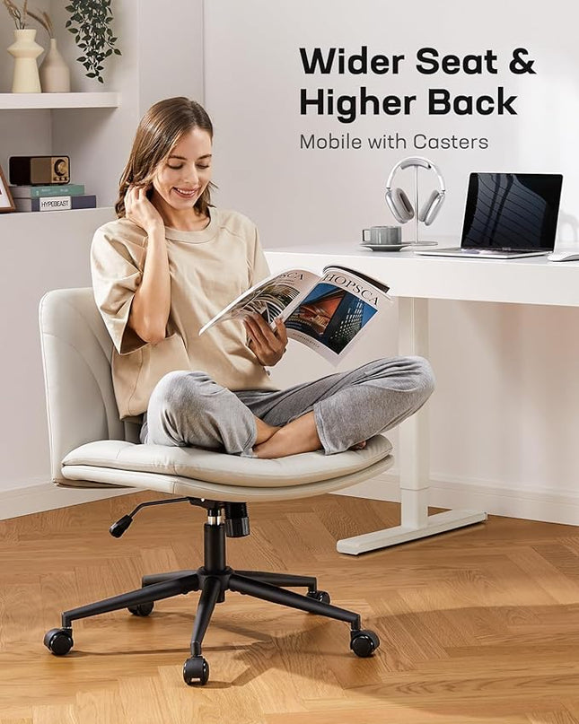 Marsail Armless-Office Desk Chair with Wheels: PU Leather Cross Legged Wide Chair,Comfortable Adjustable Swivel Computer Task Chairs for Home,Office,Make Up,Small Space,Bed Room(Light Beige) - LeafyLoom