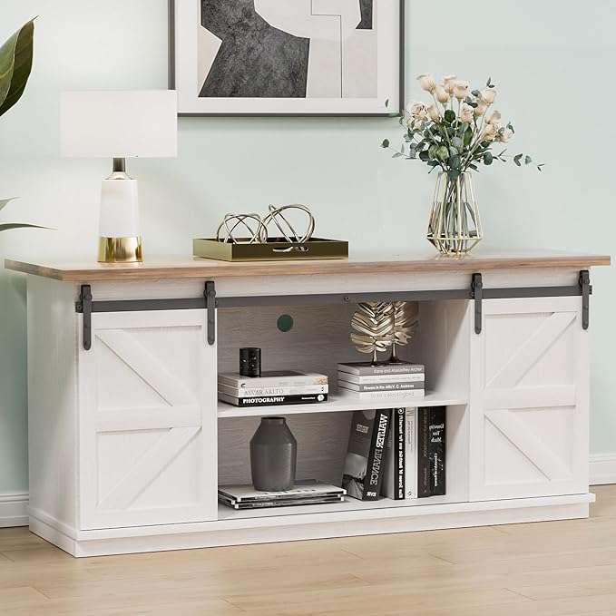 YESHOMY Farmhouse TV Stand and Entertainment Center for Televisions up to 65 Inchs, with Sliding Barn Doors and Storage Cabinets, Console Table and Media Furniture for Living Room, 58 Inch, White - LeafyLoom
