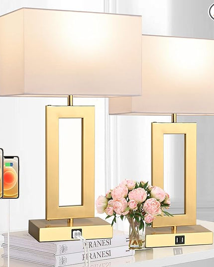 22’’ Set of 2 Touch Control Table Lamps w. 2 USB Ports, 3-Way Dimmable Bedroom Bedside Nightstand, Modern Gold&White Touch Lamps for Living Room End Table, LED Bulbs Included - LeafyLoom