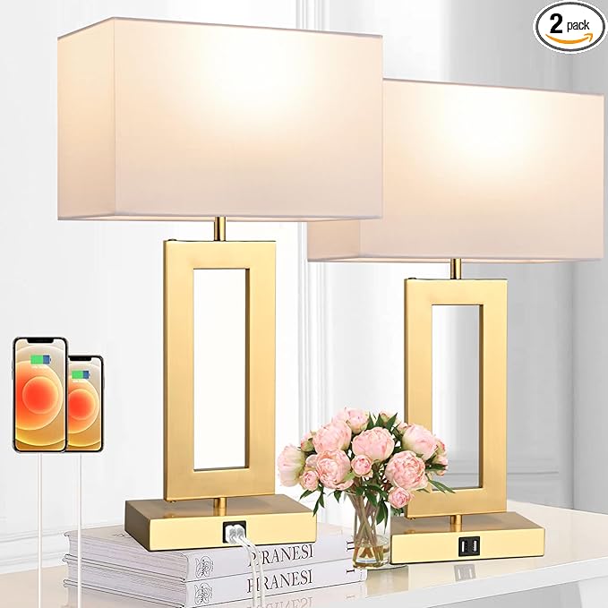 22’’ Set of 2 Touch Control Table Lamps w. 2 USB Ports, 3-Way Dimmable Bedroom Bedside Nightstand, Modern Gold&White Touch Lamps for Living Room End Table, LED Bulbs Included - LeafyLoom