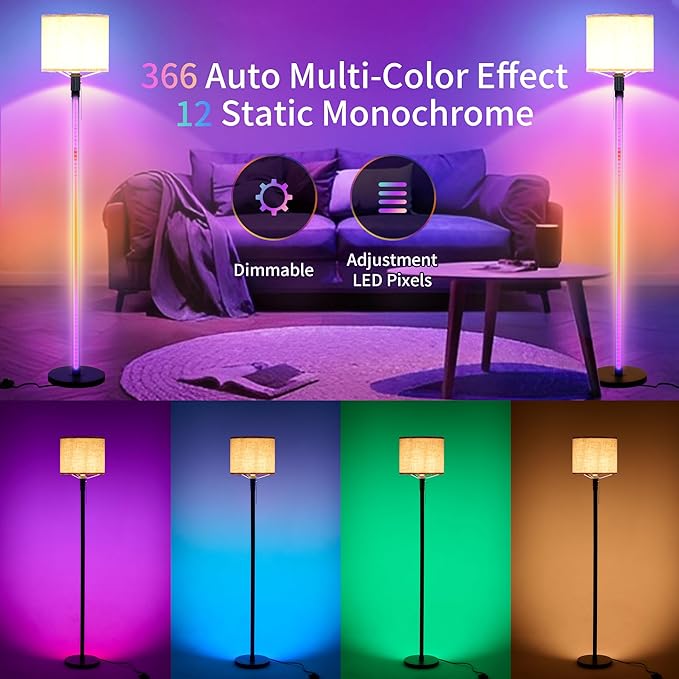 RGB Floor Lamps for Living Room, Dimmable Floor Lamp with Linen Lampshade, 366 RGB+12 Color, Color Changing Standing Floor Lamp for Bedroom Living Room Gaming Rooms(Not Includ Bulb) - LeafyLoom