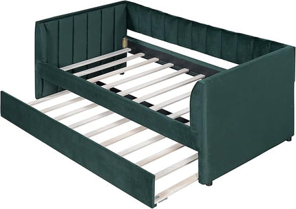 Twin Size Upholstered Velvet Daybed with Trundle,Wood Bed Frame w/ 2 Armrests,Slat Support,No Box Spring Needed,for Small Living Spaces and Accommodating Guests,Green - LeafyLoom