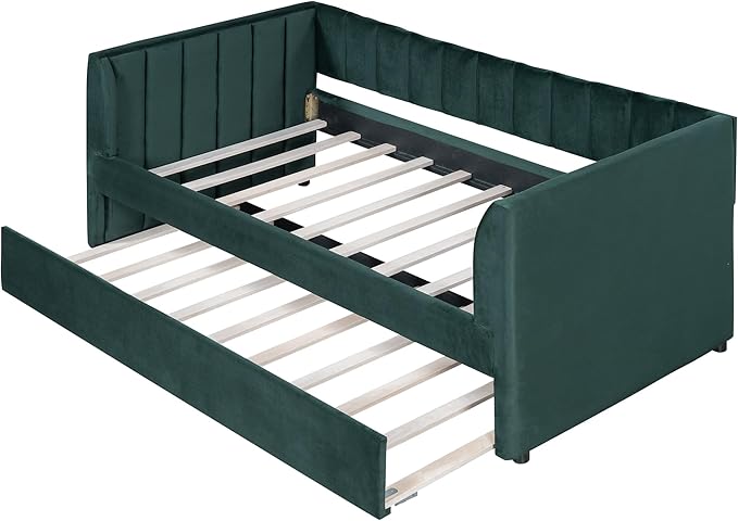 Twin Size Upholstered Velvet Daybed with Trundle,Wood Bed Frame w/ 2 Armrests,Slat Support,No Box Spring Needed,for Small Living Spaces and Accommodating Guests,Green - LeafyLoom