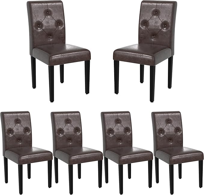 VECELO Upholstered Dining Chairs Set of 6 Modern PU Leather and Solid Wood Legs & High Back, Parsons for Kitchen/Living Room-Coffee - LeafyLoom