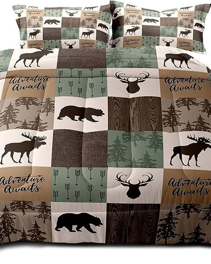 LUVIVIHOME 3PCS Rustic Lodge Comforter Set, Brown Sage Green King Size Comforter, Bear Deer Elk Moose Woodland Forest Animal Wildlife Country Farmhouse Cabin Bedding Patchwork Quilt, 2 Pillow Shams - LeafyLoom