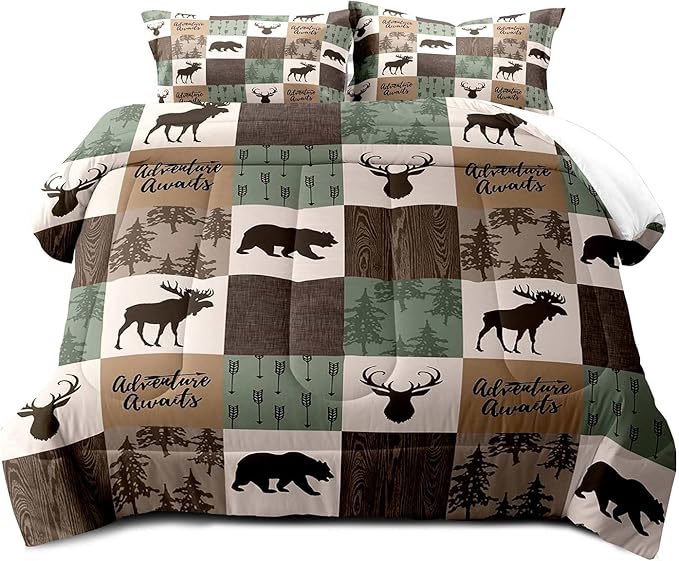 LUVIVIHOME 3PCS Rustic Cabin Comforter Set, Brown Sage Green Queen Comforter, Bear Deer Elk Moose Woodland Forest Animal Wildlife Country Farmhouse Lodge Bedding Sets Patchwork Quilt, 2 Pillow Shams - LeafyLoom