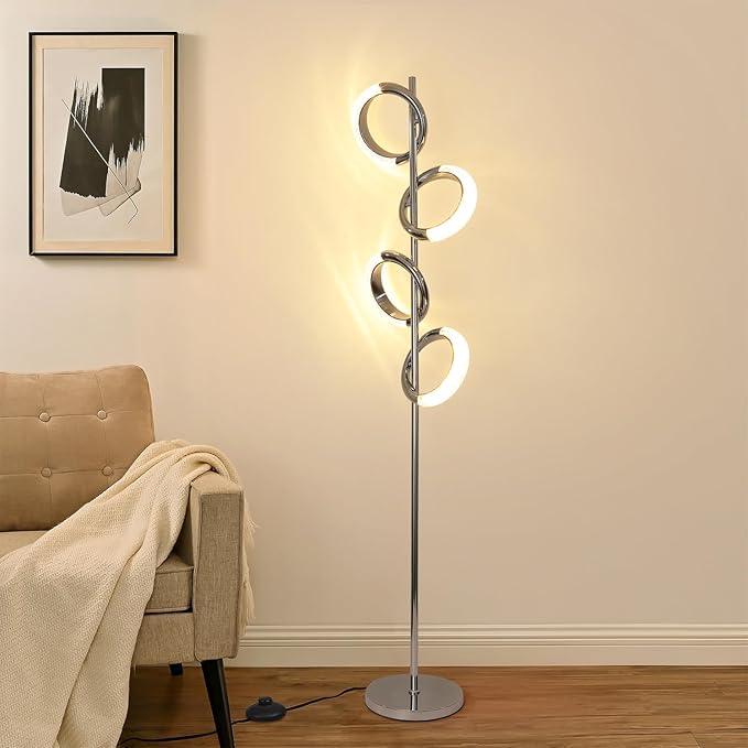 Ganeed LED Floor Lamp for Bedroom,4 Rings 40W Modern Dimmable Standing Lamp,61 in Tall Reading Light Corner Lamp with Remote Control for Living Room Office (3000-6500K/Chrome) - LeafyLoom