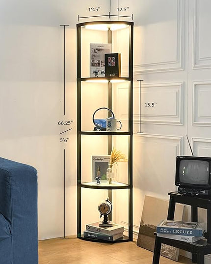 FENLO Fantasy Edge Pro - 66" Glass LED Corner Shelf Lamp with Adjustable Color Range (2700K-6000k), Dimmable Corner Floor Lamp with Shelves, Remote/App Control, On/Off Light Timer - LeafyLoom