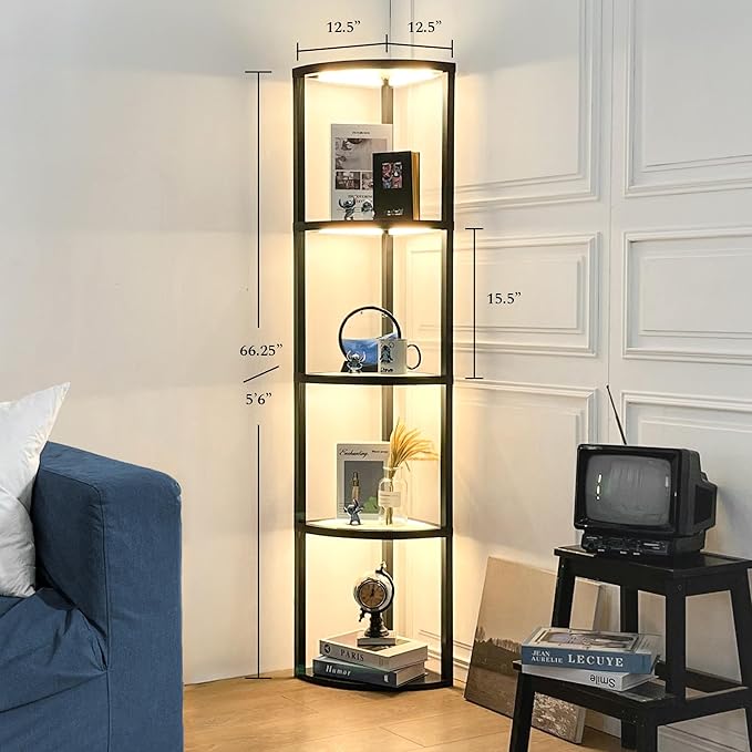 FENLO Fantasy Edge Pro - 66" Glass LED Corner Shelf Lamp with Adjustable Color Range (2700K-6000k), Dimmable Corner Floor Lamp with Shelves, Remote/App Control, On/Off Light Timer - LeafyLoom