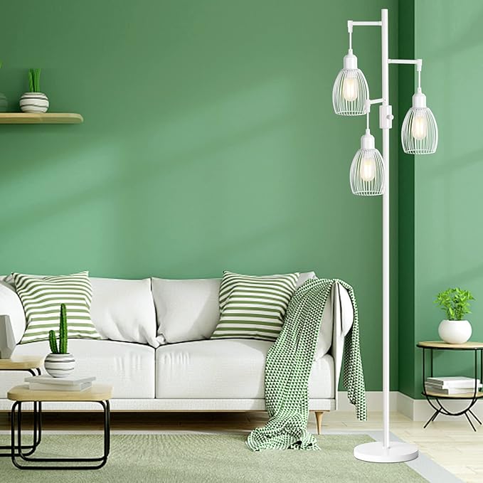 Dimmable Floor Lamp, 3 x 800LM LED Edison Bulbs Included, Farmhouse Industrial Floor Lamp Standing Lamp with Elegant Teardrop Cage Head Tall Lamp for Living Room Bedroom Office Dining Room - White - LeafyLoom