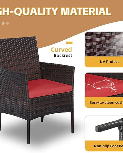 Patio Furniture Set 3 Pieces All-Weather Rattan Outdoor Furniture Patio Chairs with Tempered Glass Table for Porch Bistro Balcony Bistro Set(Brown/Red) - LeafyLoom